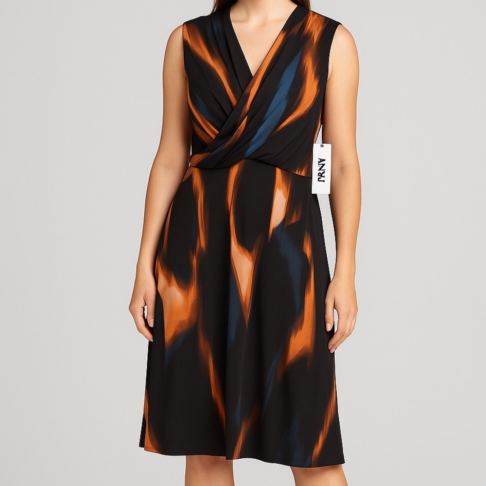 DKNY Black, Teal, and brown Patterned Midi Dress